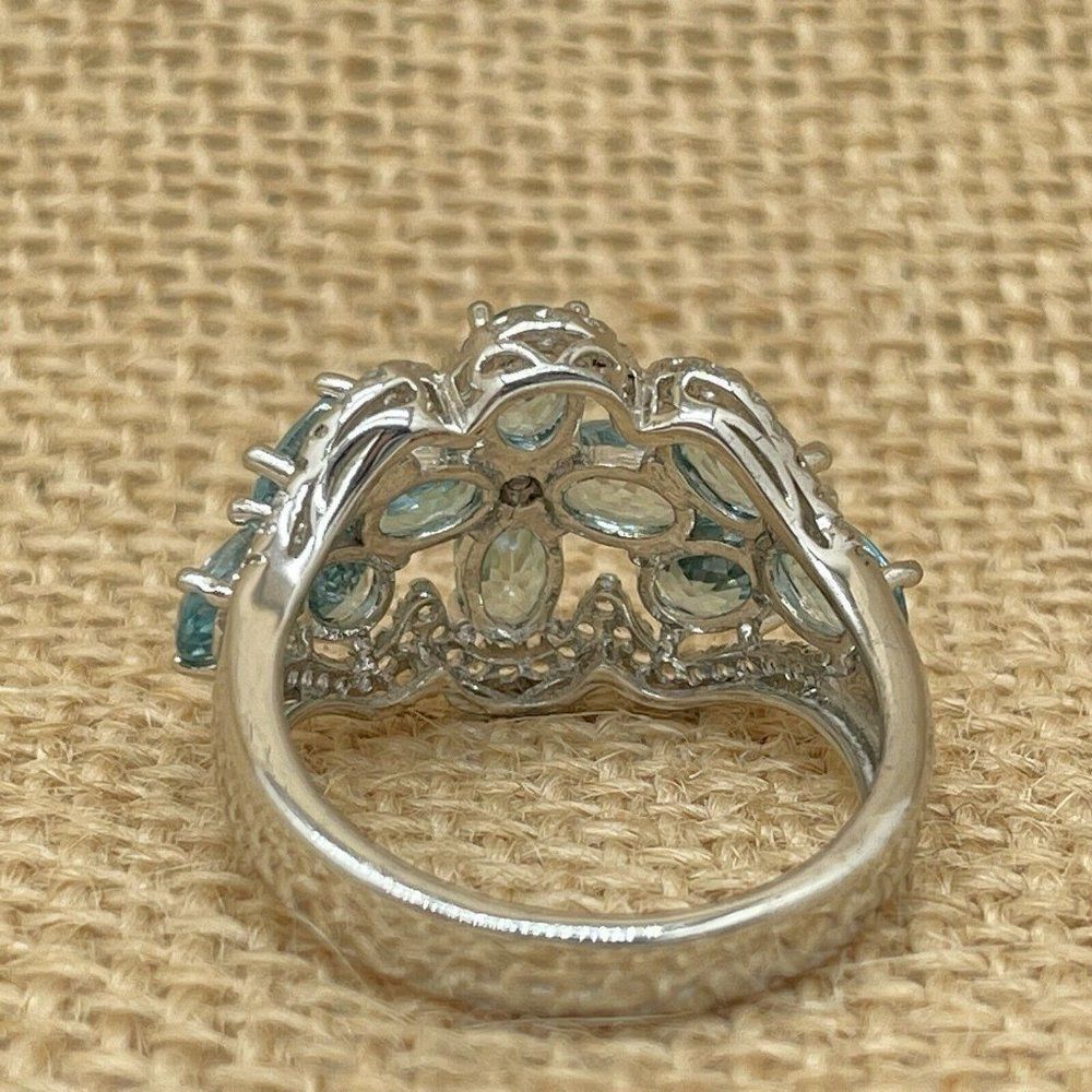 Sterling Silver Flower Ring .925 Blue Zircon White Topaz Sz 9 7.01ct - Picture 8 of 10